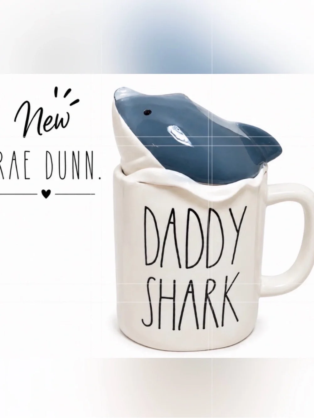 Rae Dunn Daddy Shark Ceramic Mug with Shark Lid - White and Blue